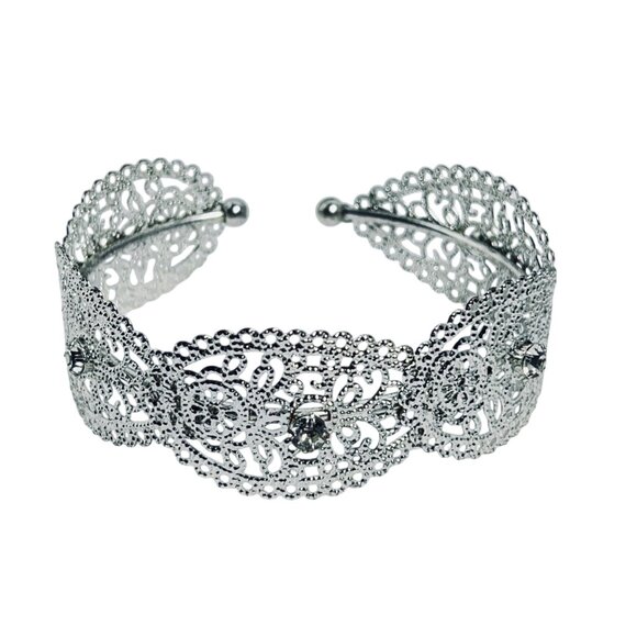 Silver Tone Filigree & Clear Rhinestone Adjustable Cuff Bracelet (5801) - Picture 2 of 5